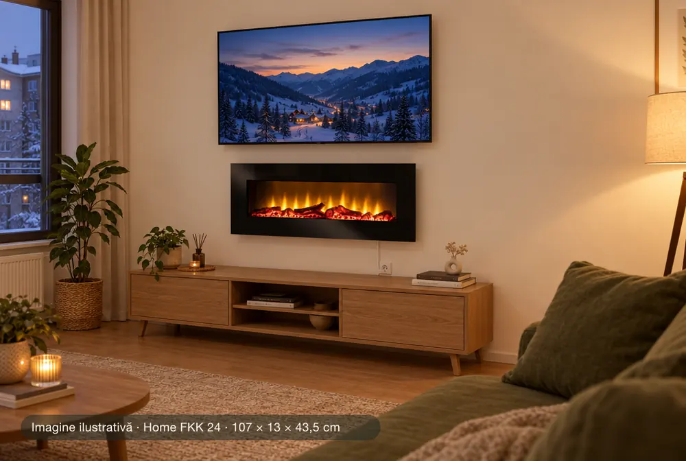 Șemineul electric Home FKK 24 montat pe perete deasupra comodei TV, sub televizor, în living