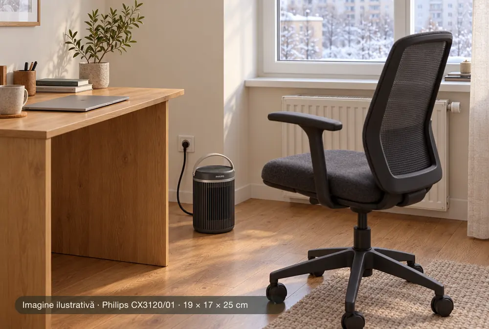 Aeroterma Philips CX3120/01 pe podea lângă birou, conectată la priza de perete, la dimensiunile reale