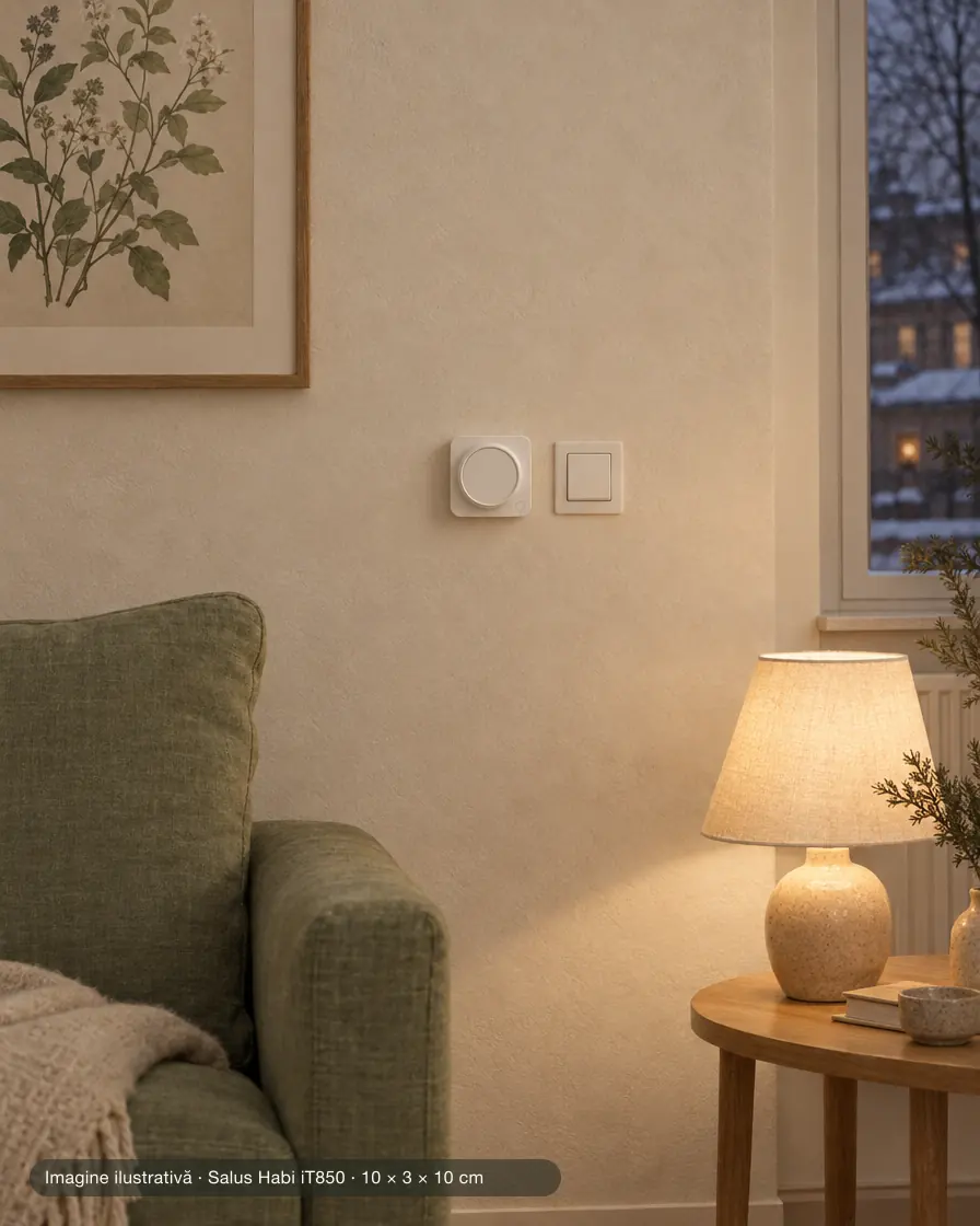 Termostatul Salus Habi iT850 pe peretele din living, lângă întrerupător, la dimensiunile reale