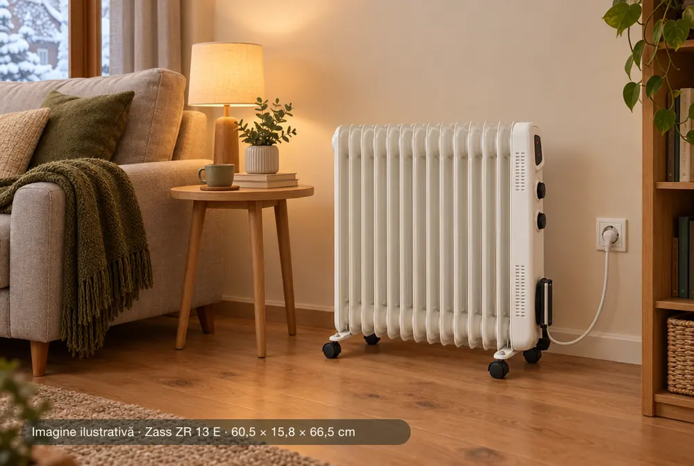 Caloriferul electric cu ulei Zass ZR 13 E pe roți în living, lângă canapea, cu ștecherul în priză